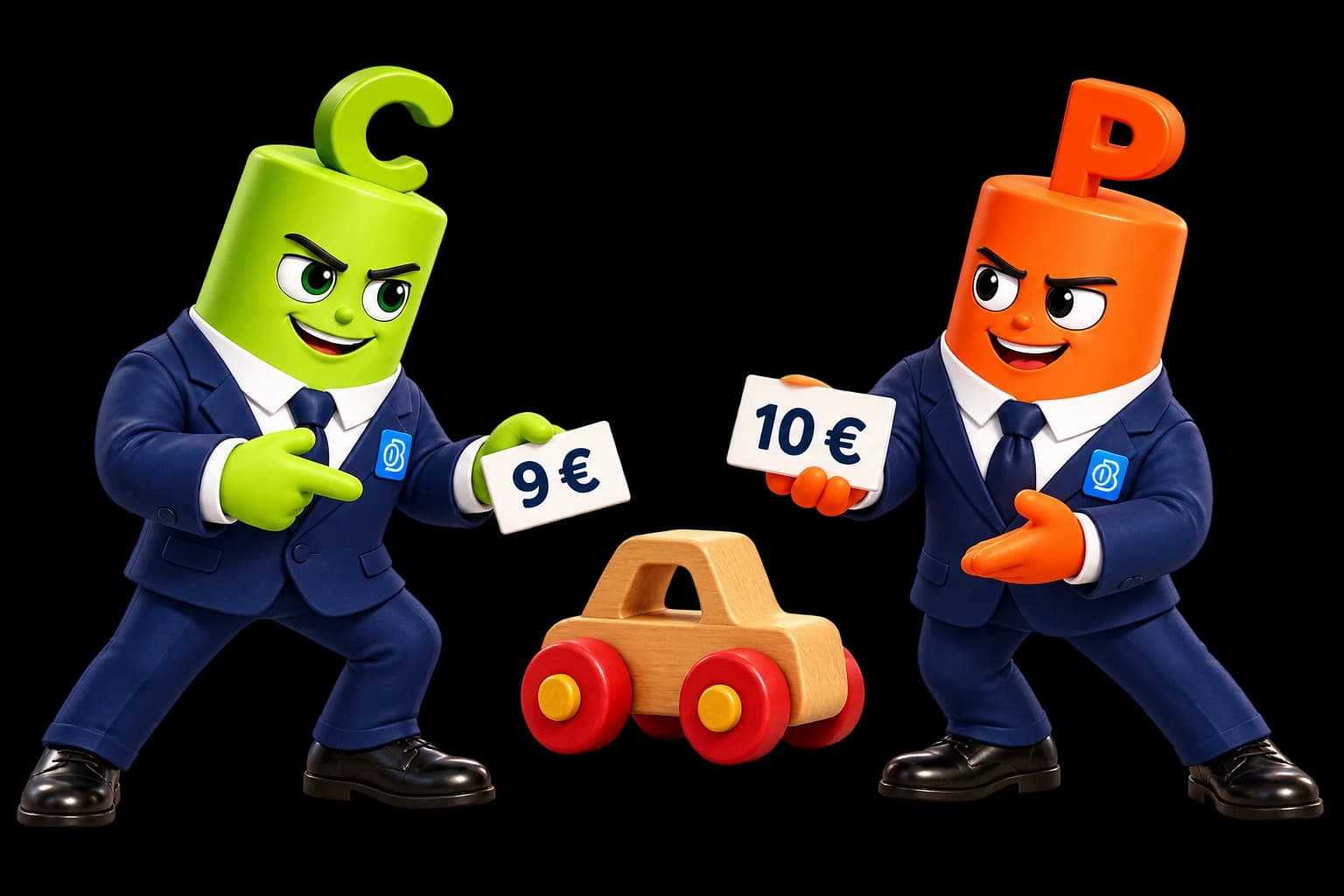 Die grünen und orangefarbenen BeInOptions-Maskottchen zeigen dasselbe Spielzeug mit einem Kaufgebot von 9 Euro und einem Verkaufspreis von 10 Euro.