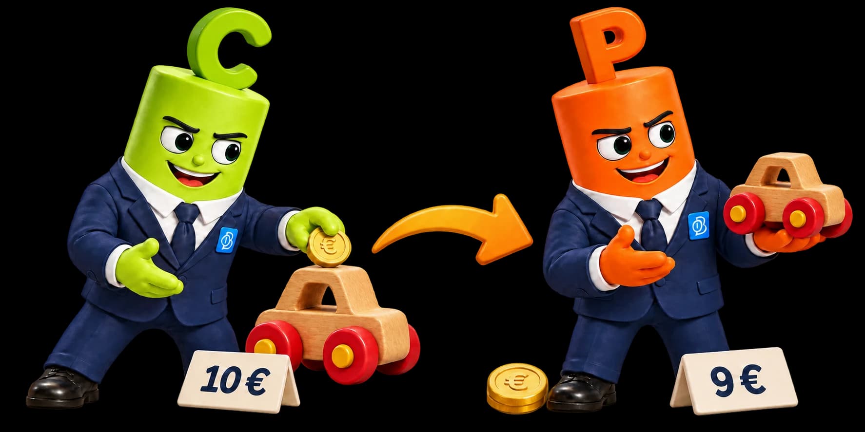 Das grüne C-Maskottchen zeigt den Kauf desselben Holz-Spielzeugautos für 10 €, das orange P-Maskottchen den direkten Verkauf für 9 €.