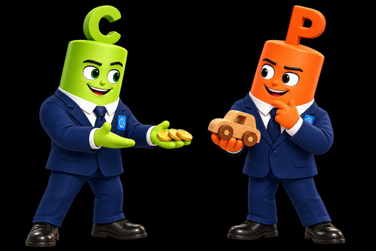 Das grüne Maskottchen bietet Münzen für ein Spielzeug, das das orange Maskottchen zum Verkauf anbietet.