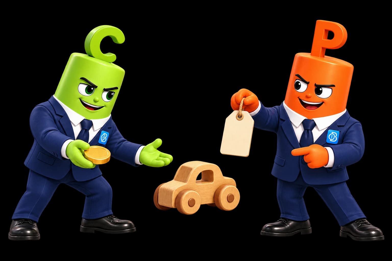 Das grüne Maskottchen steht mit einem Kaufangebot dem orangefarbenen Maskottchen gegenüber, das dasselbe Spielzeug mit einem Verkaufsschild anbietet.