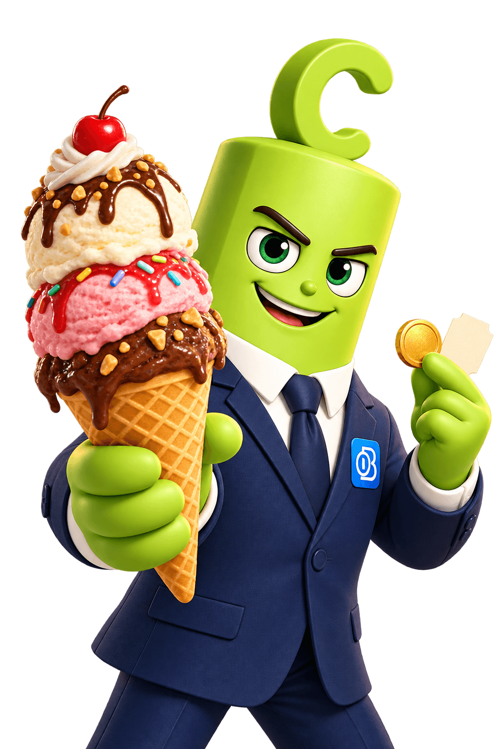 The green C mascot holds a three-scoop ice-cream cone beside a gold coin and a small ticket.