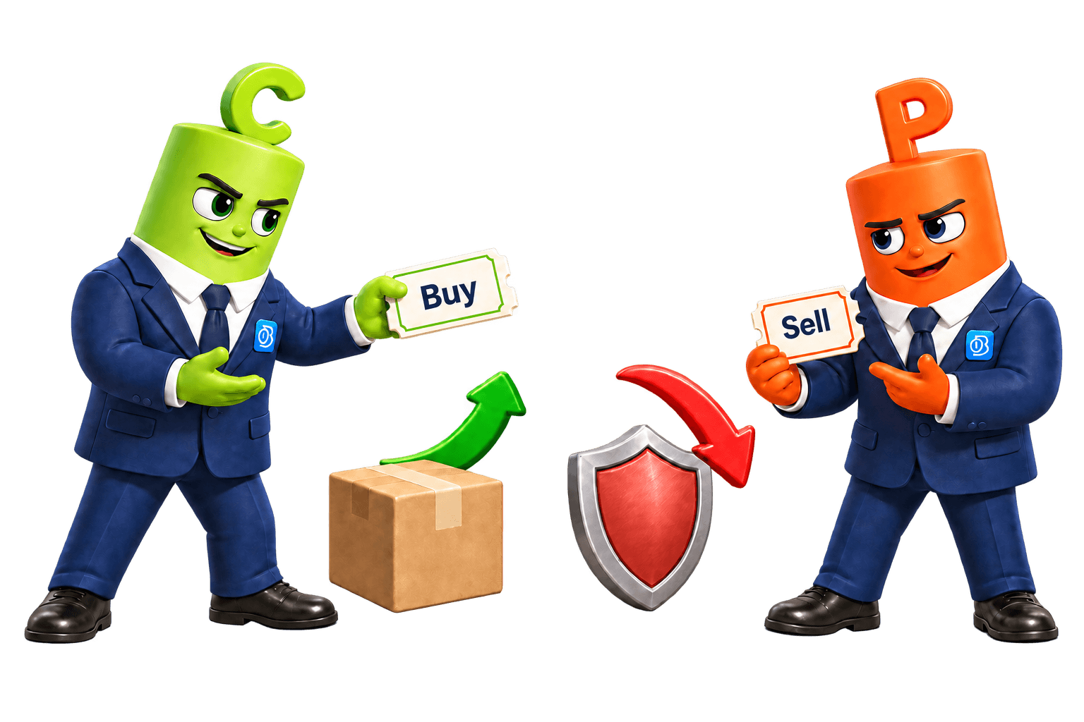 The green C mascot holds a “Buy” ticket while the orange P mascot holds a “Sell” ticket. A box, shield, rising green arrow and falling red arrow illustrate the different Call and Put rights.