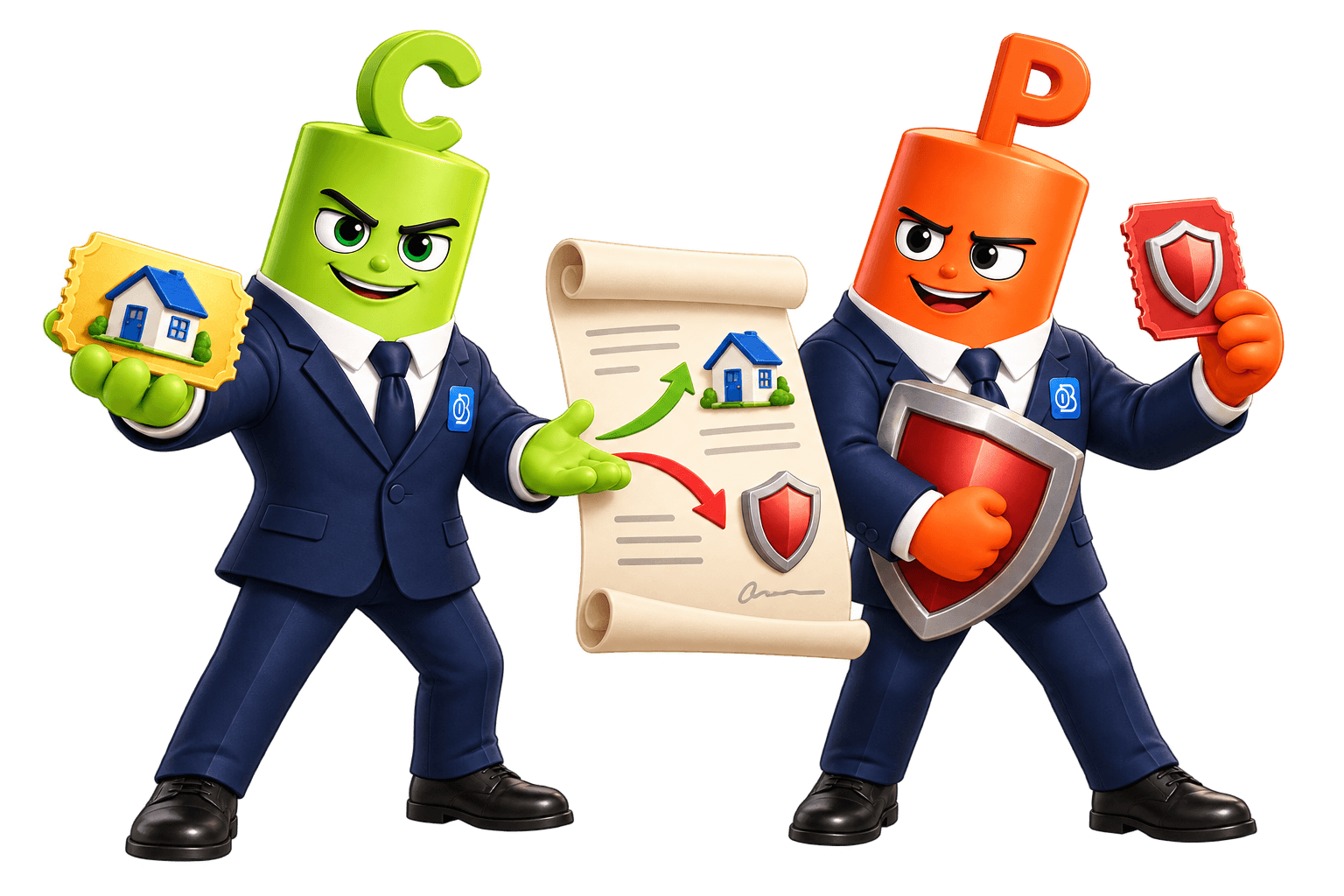 The green C mascot holds a house ticket and gestures to a plan with a green upward arrow; the orange P mascot holds a red shield and a ticket.