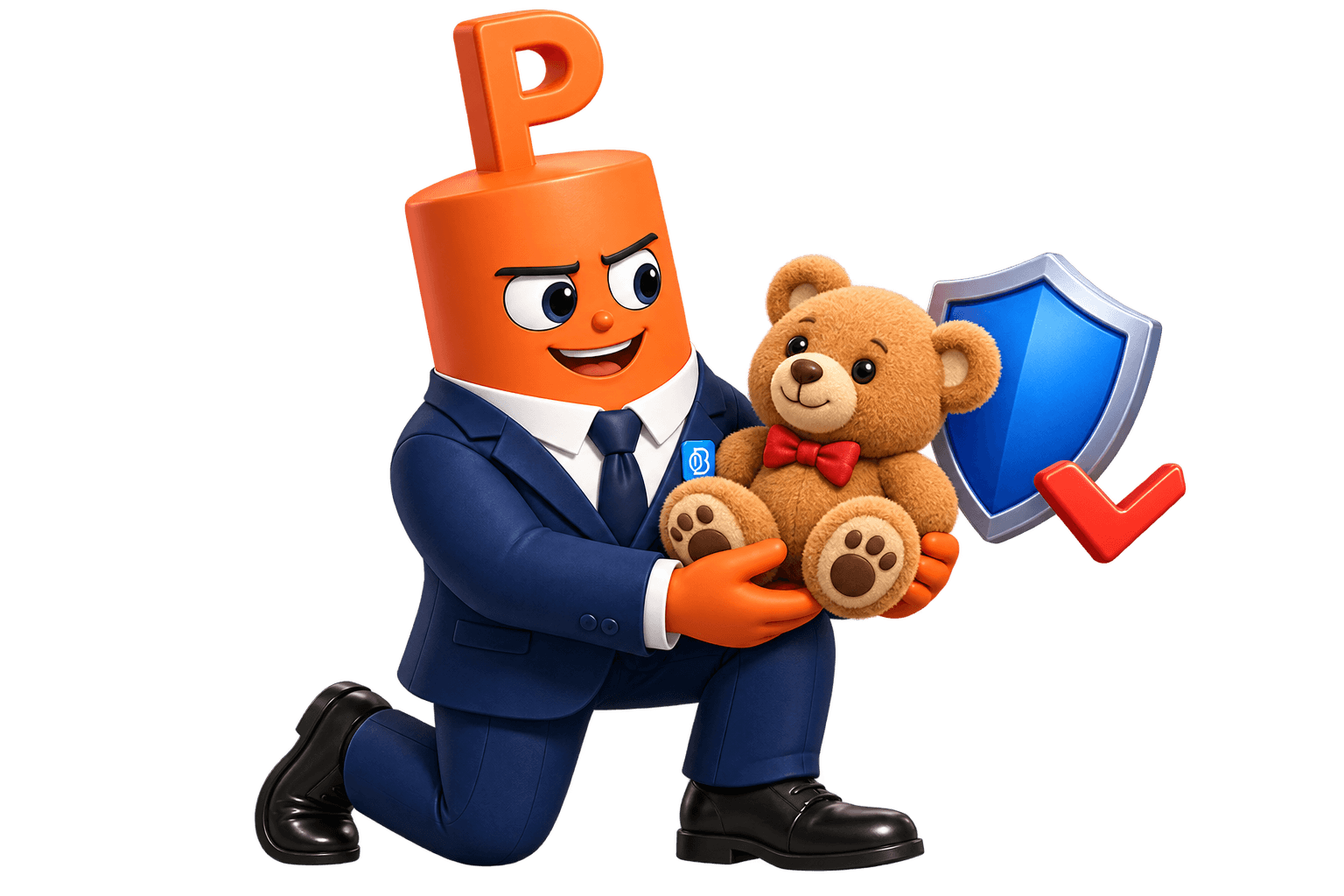 The orange P mascot cradles a teddy bear and points to a blue shield marked with a red check.