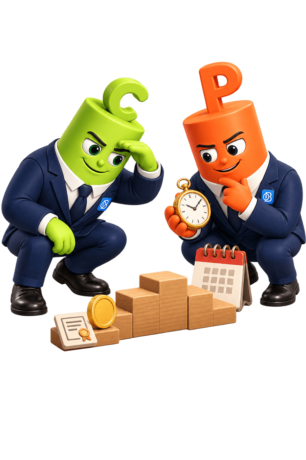 The green C and orange P mascots study a pocket watch and calendar beside wooden steps, a coin and a certificate.
