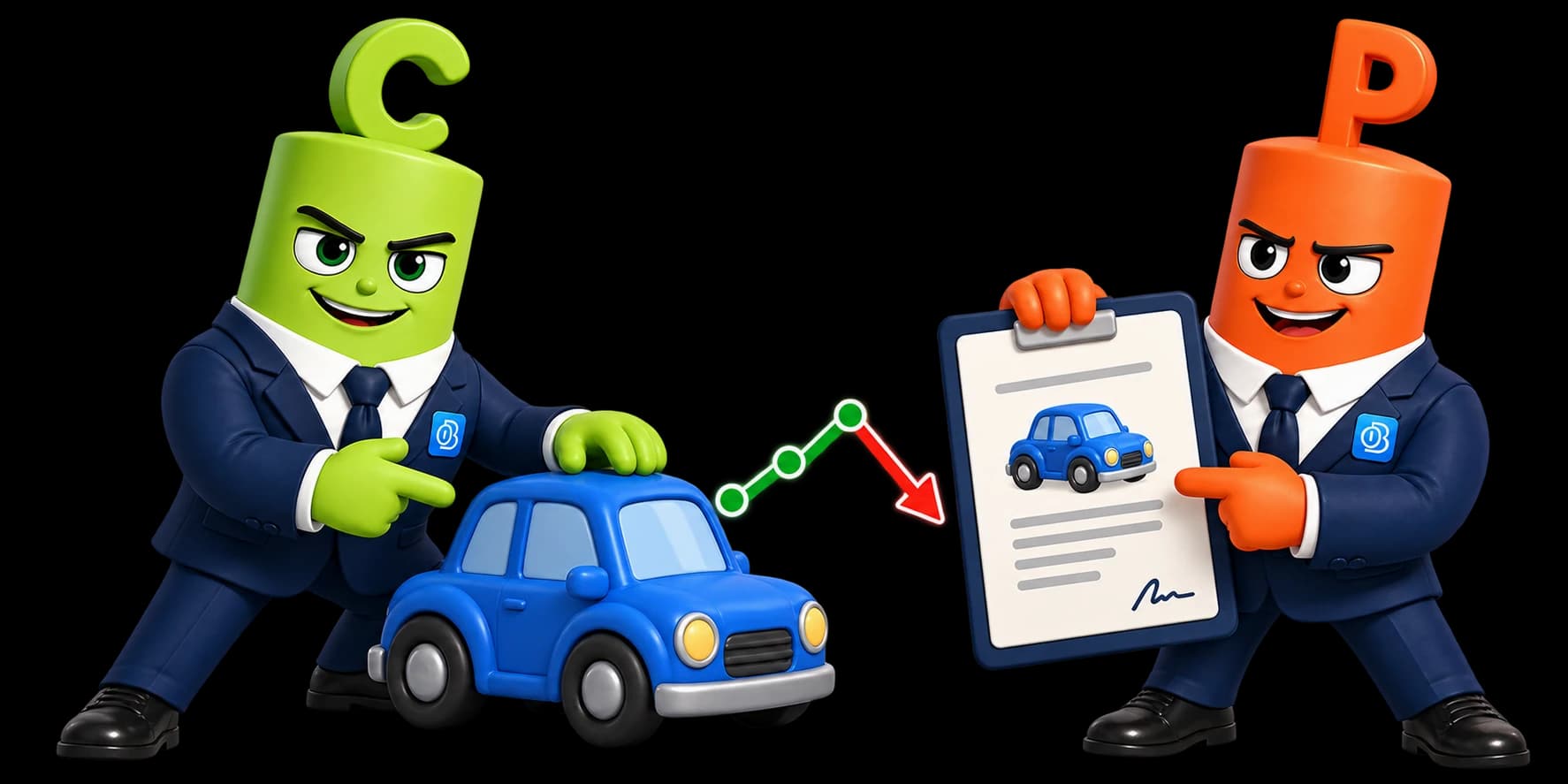 BeInOptions mascots show the difference between an underlying asset and a CFD contract based on its price movement.
