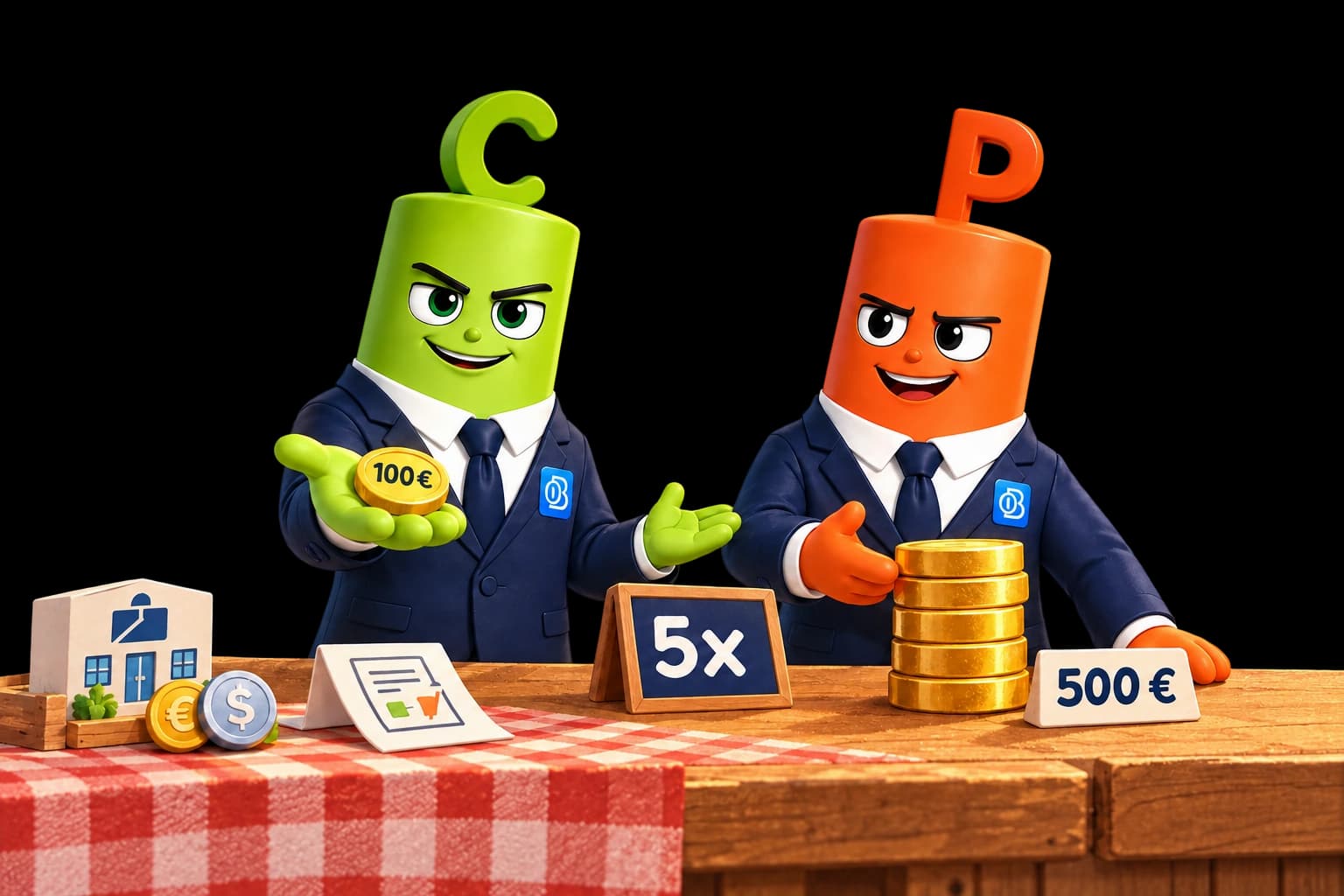 The BeInOptions mascots show €100 of capital, 5× leverage, and a larger €500 position alongside symbols for different markets.