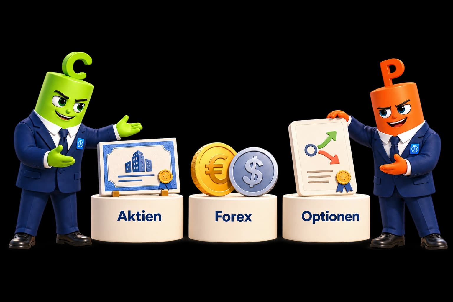 The BeInOptions mascots present three areas: stocks, forex, and options.