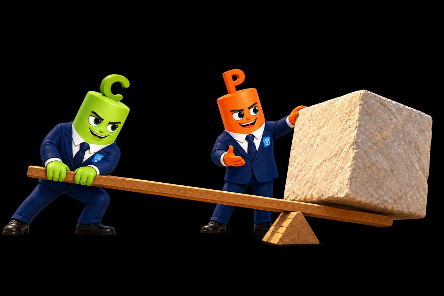 The BeInOptions mascots press down on one end of a lever to move a heavy stone on the other.