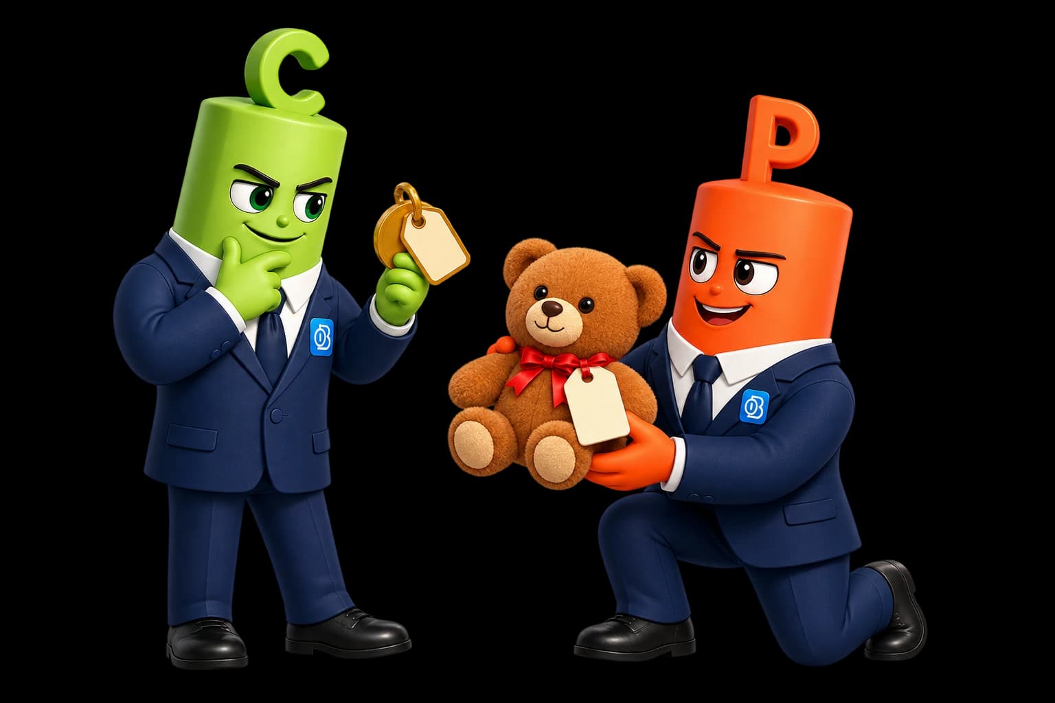 Die Maskottchen vergleichen den Gutscheinpreis Strike 10 € mit dem veränderlichen Ladenpreis des Teddybären von 12 €.