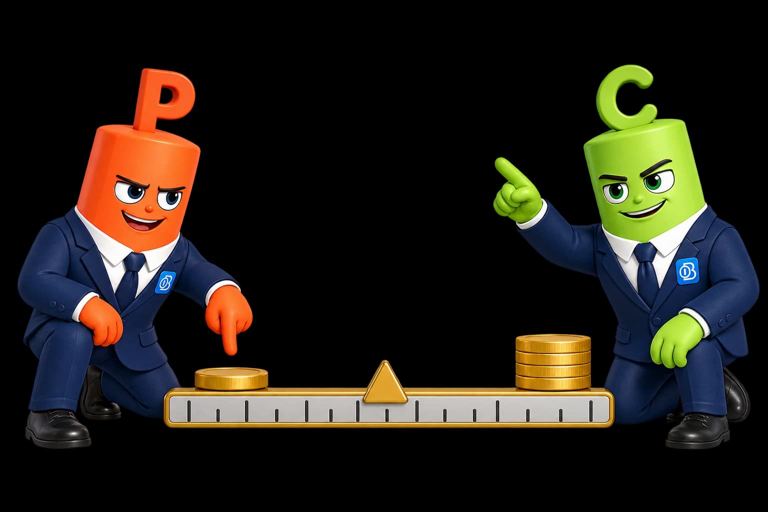 Links zeigt das orange P-Maskottchen Put mit Strike 10 € und Marktpreis 8 €; rechts zeigt das grüne C-Maskottchen Call mit Strike 10 € und Marktpreis 12 €.