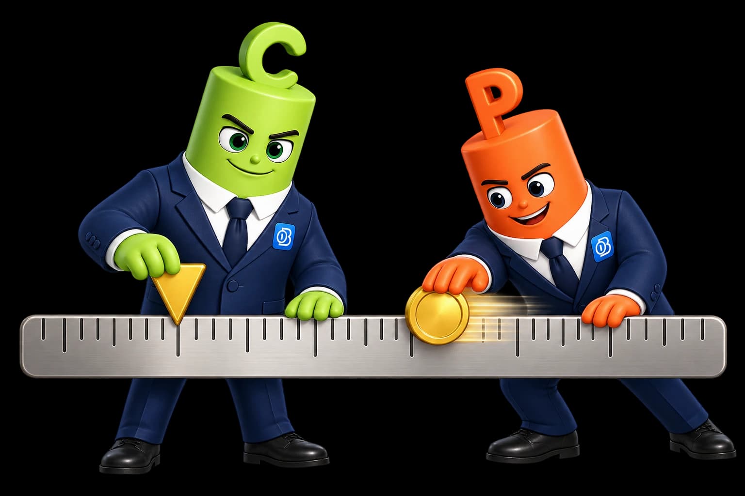 Das grüne C-Maskottchen befestigt Strike 10 € am Lineal. Das orange P-Maskottchen bewegt eine Münze als Marktpreis 12 €.