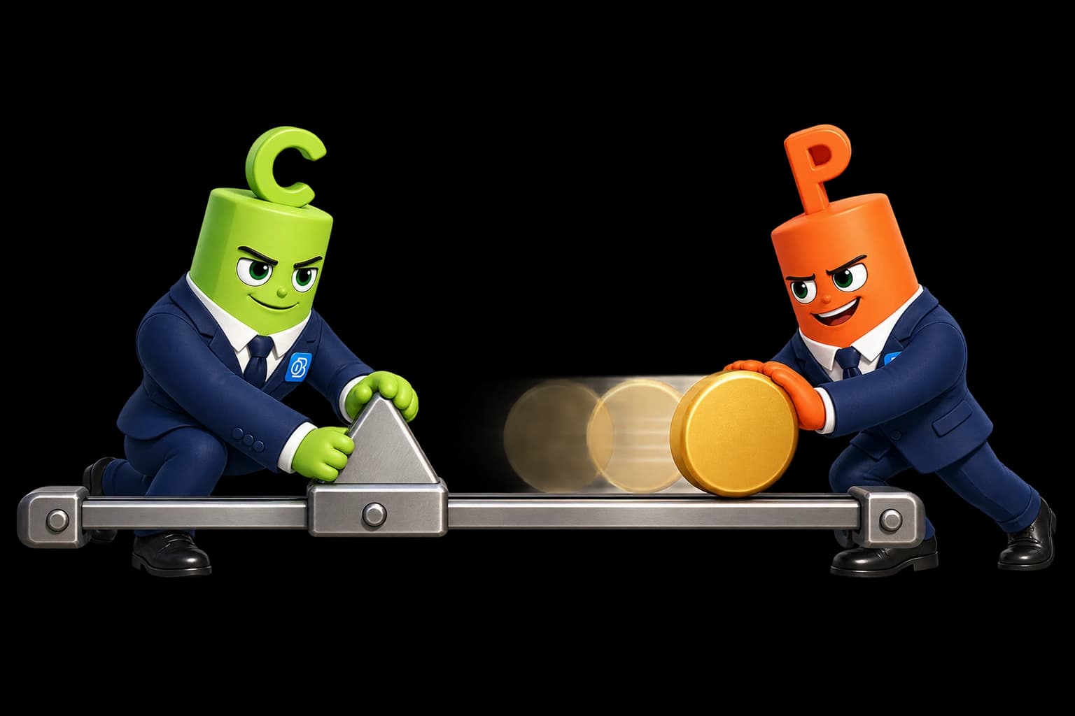 Das grüne C-Maskottchen fixiert Strike 10 €. Das orange P-Maskottchen bewegt den Marktpreis zwischen 8 € und 12 €.