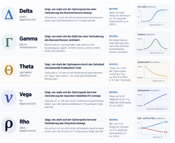 Infografik mit Delta, Gamma, Theta, Vega und Rho samt Beispielen und schematischen Kurven