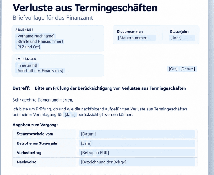 Musterbrief für das Finanzamt mit Absender, Empfänger, Steuerjahr und strukturierten Formularfeldern