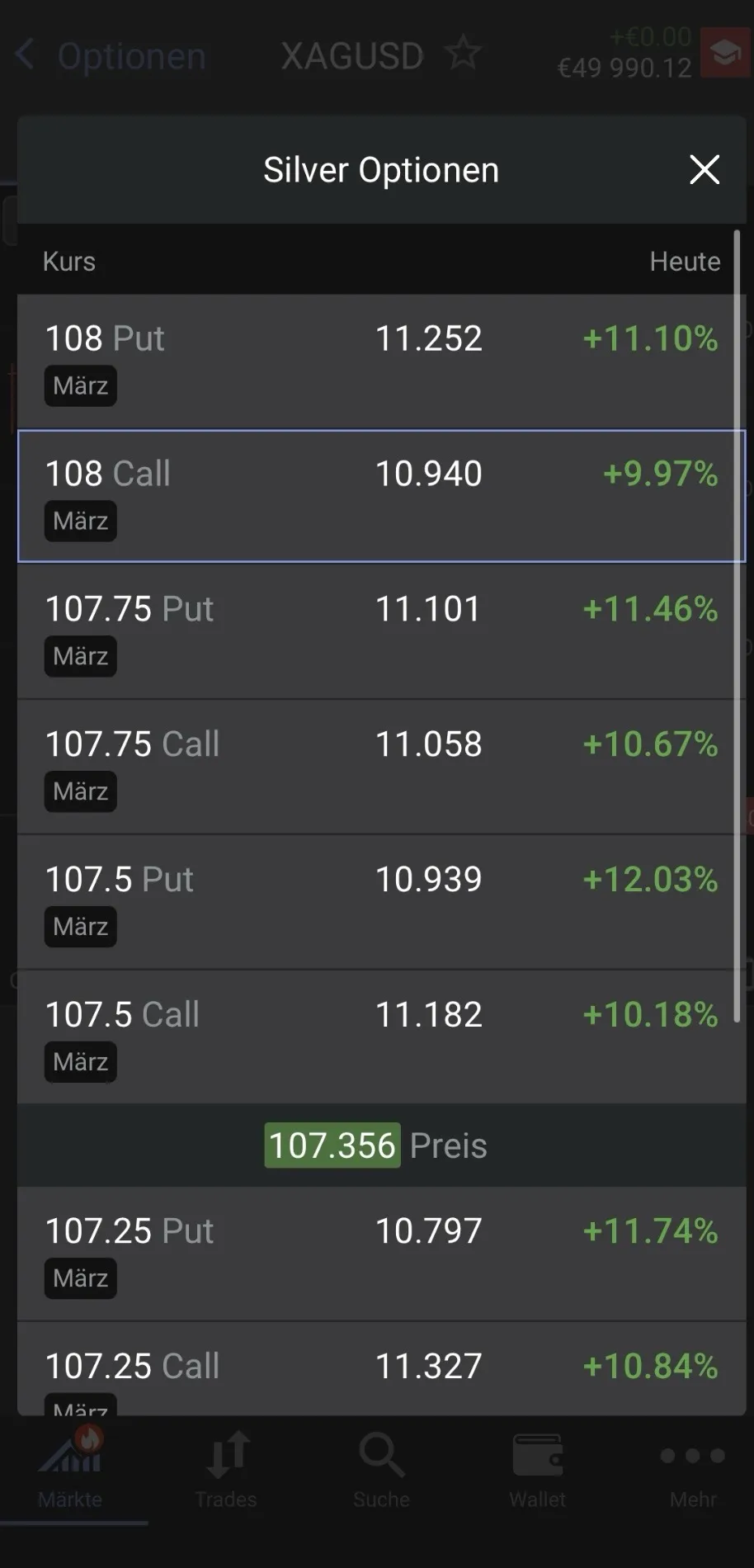Options-Liste mit Call und Put Optionen und verschiedenen Strikes