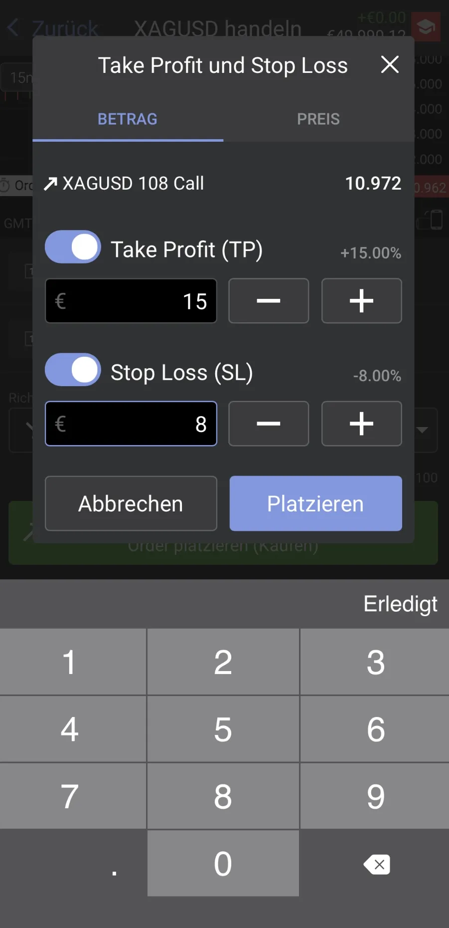 Take Profit und Stop Loss Einstellungs-Dialog