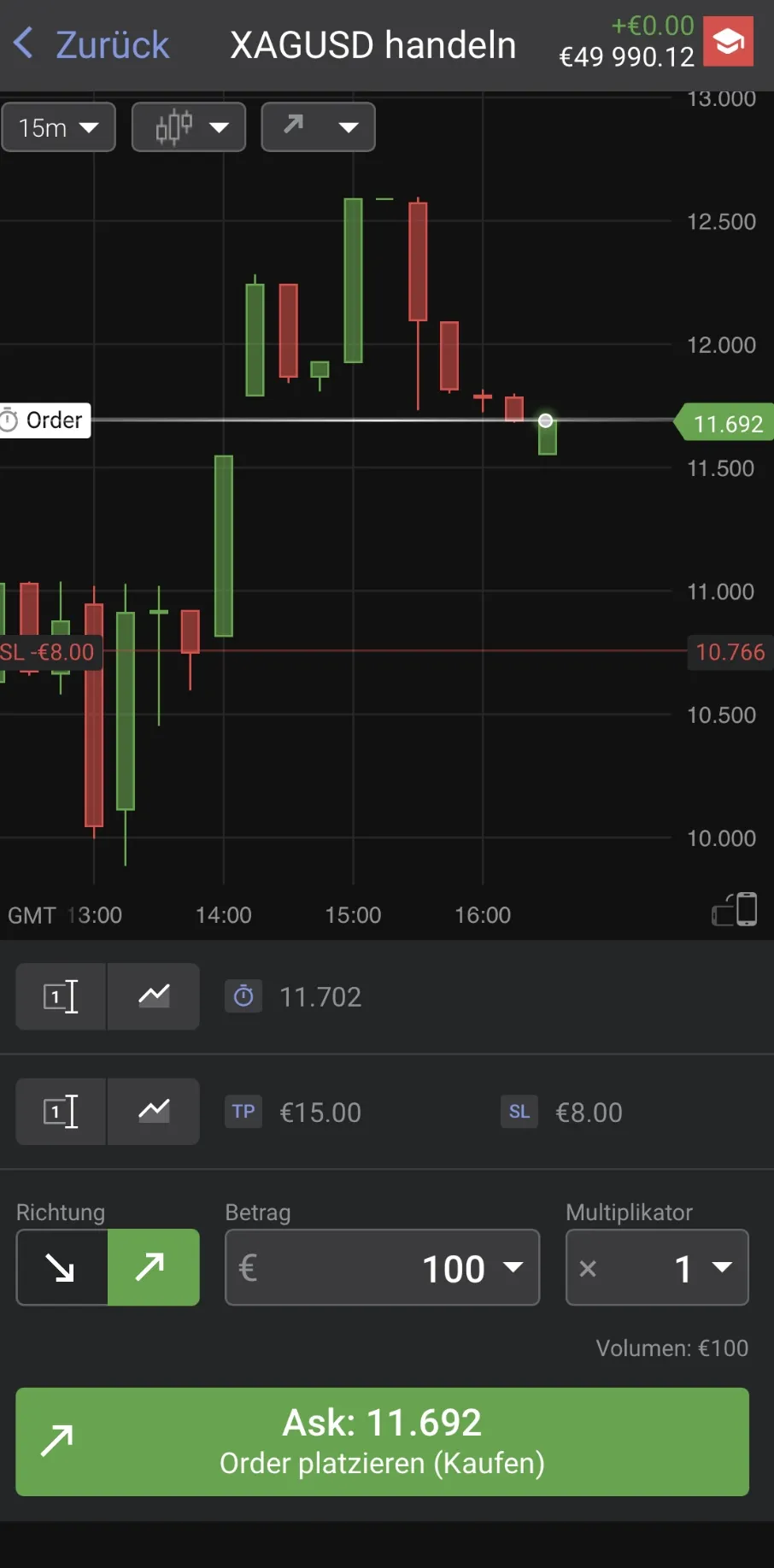 Order-Bestätigungsbildschirm mit allen Trade-Parametern